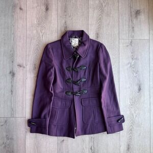 Anthropologie Tulle Purple Wool Blend Toggle Duffle Coat Jacket Geometric Lining